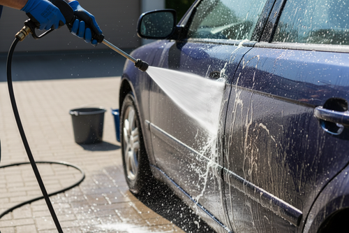 Person using pressure washer accessories to clean a car