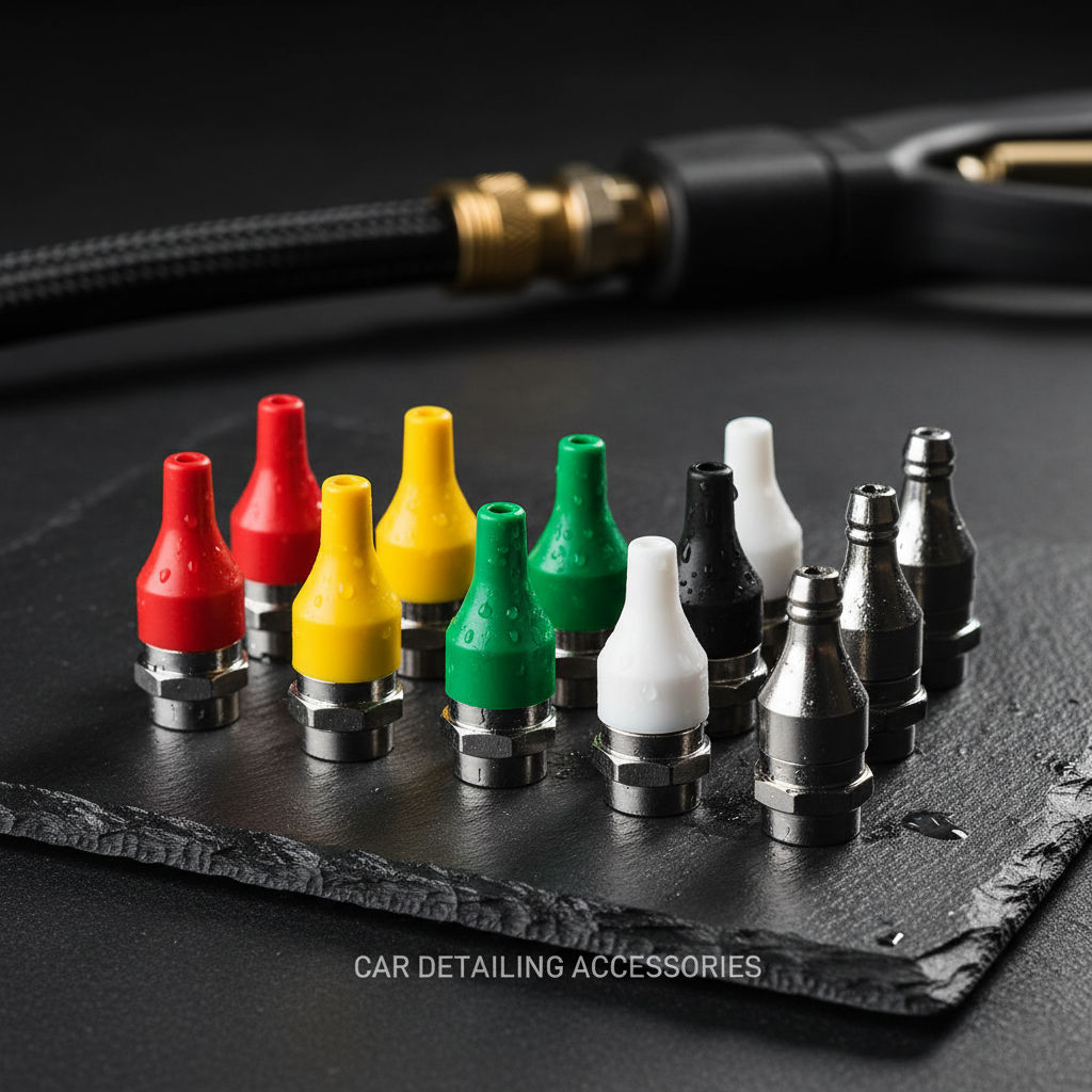 Premium pressure washer nozzle tips set arranged neatly on a dark surface