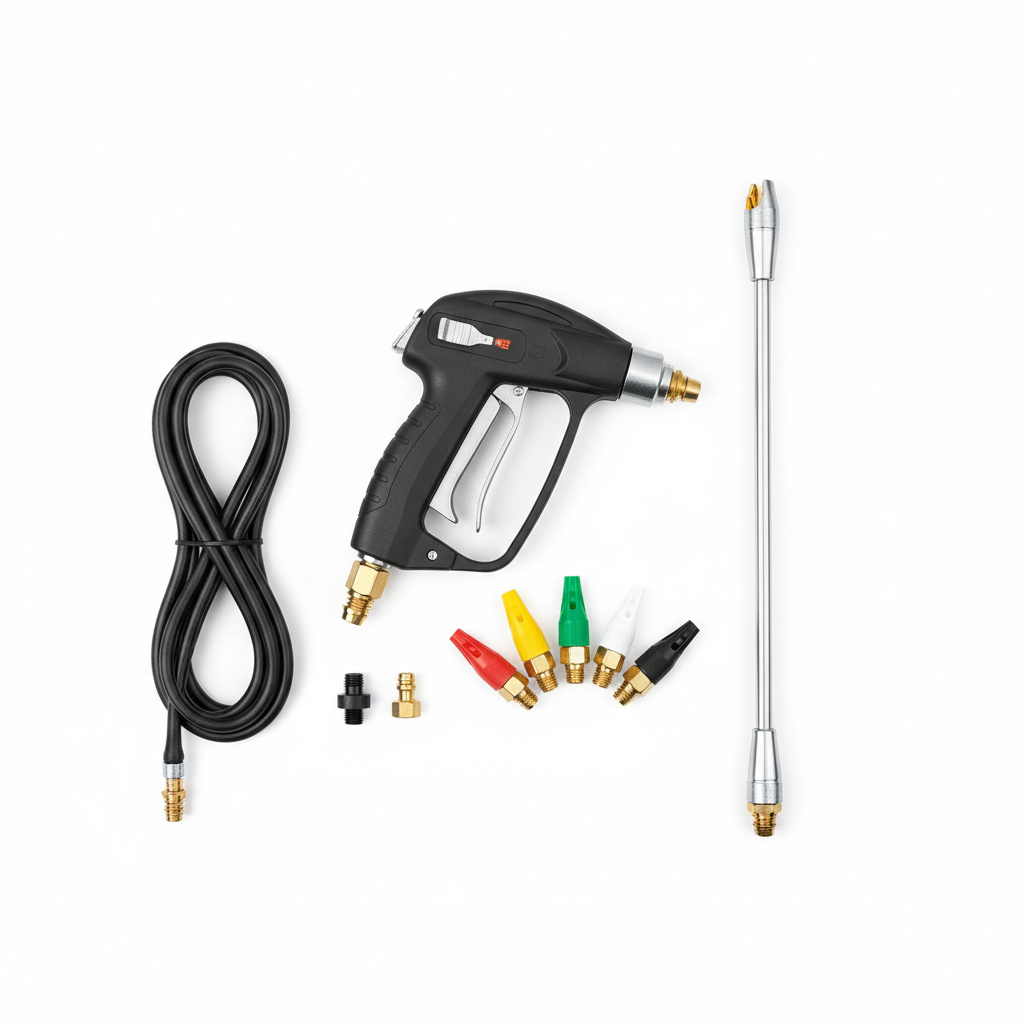 Pressure washer accessories flat lay including nozzle tips, extension wand, and spray gun