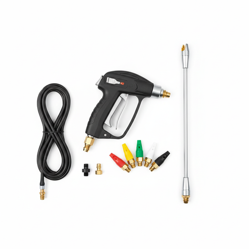 Pressure washer accessories flat lay including nozzle tips, extension wand, and spray gun