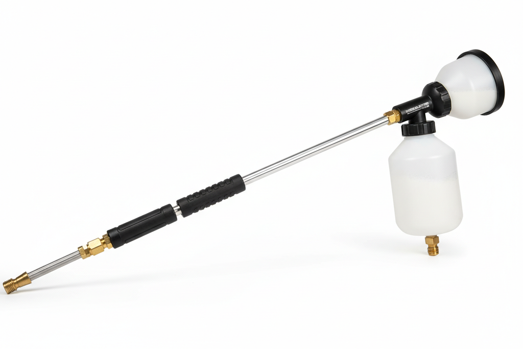 Pressure washer extension wand and foam cannon attachment for car washing